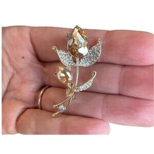 Flower Rose brooch pin with rhinestones champagne gold tone